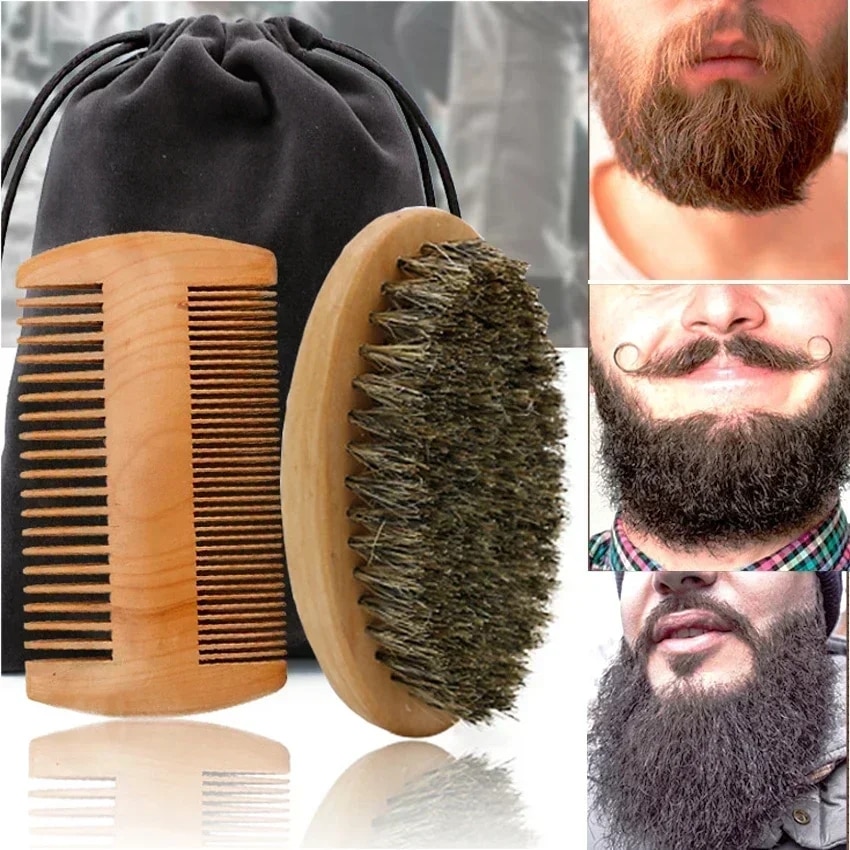 Men'S Grooming Bag - Professional Soft Boar Bristle ไม้แปรงโกนหนวดเคราผู้ชายหนวดหวีชุดของขวัญกระเป๋าช่างทําผมแปรงหวีผม